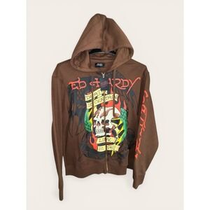 Ed Hardy Skull Brown Graphic Drawstring Fleece Full Zip Hoodie NWT Men's LARGE